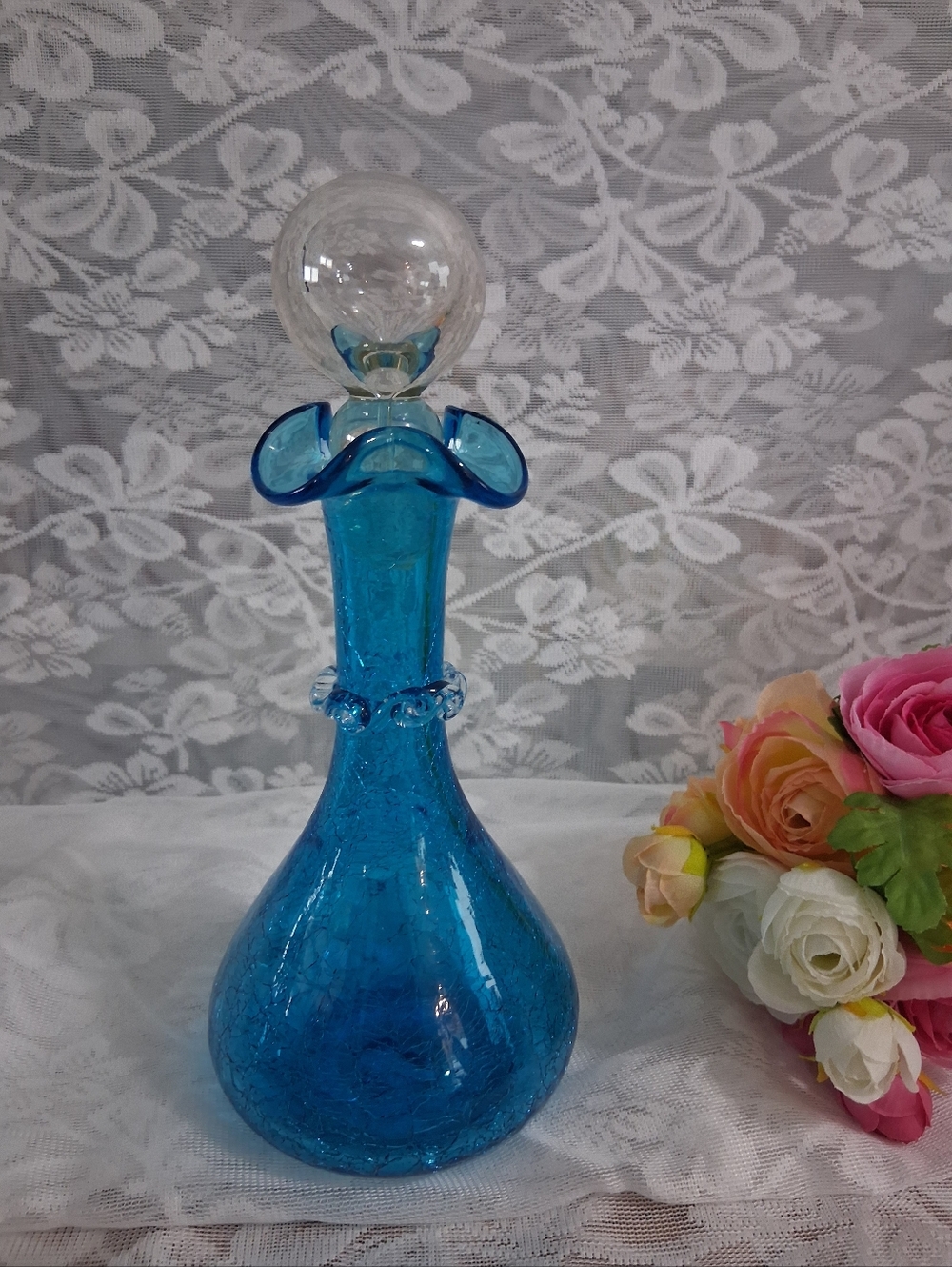 Vintage Blenko Crackle Glass Decanter Turquoise Blue Tri-lobed Wrapped Neck
